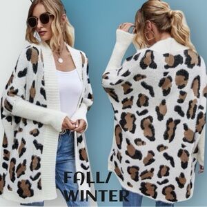 Leopard Print Open Front Cardigan, White/Brown